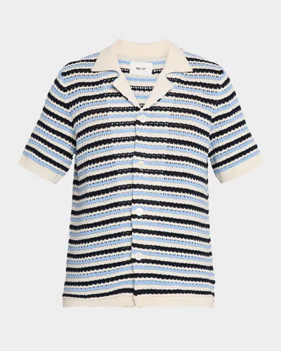 Nn07 Henry 6636 Camp-collar Striped Open-knit Organic Cotton Shirt In Blue