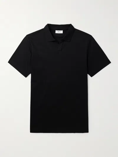 Nn07 Paul 60016 Johnny Collar Textured Cotton Polo In Black