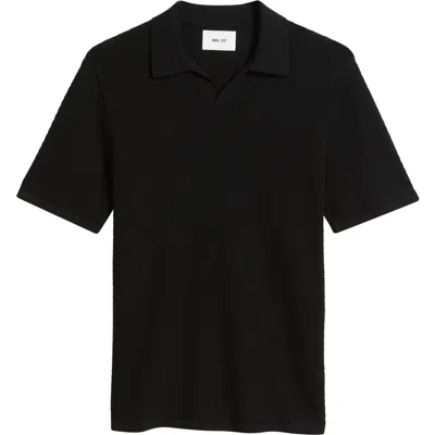 Nn07 Paul 60016 Johnny Collar Textured Cotton Polo In Black