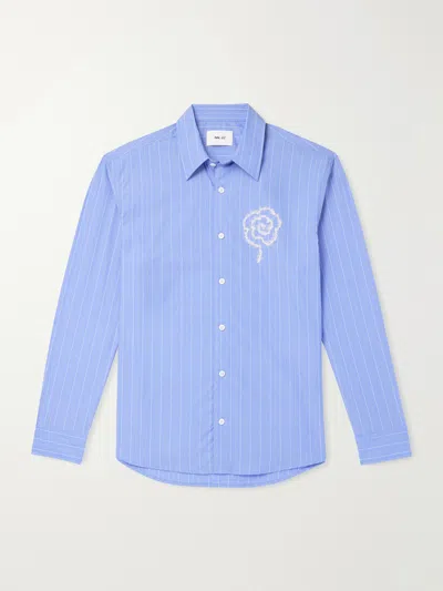 Nn07 Quinsy App 5322 Embroidered Striped Supima Cotton-poplin Shirt In Blue