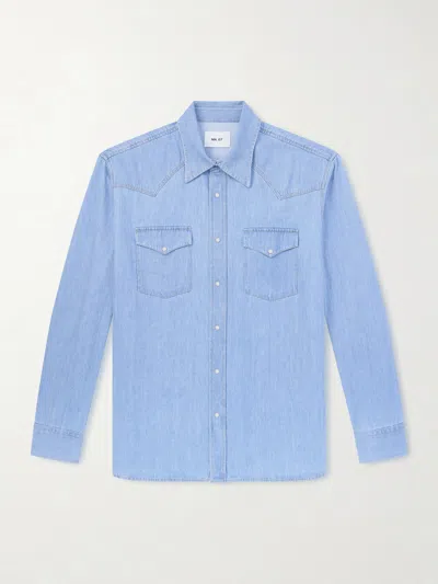 Nn07 Ricky 50015 Cotton Corduroy Snap-up Western Shirt In Blue
