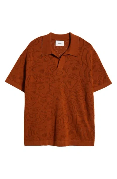 Nn07 Ryan 6692 Abstract Floral Pointelle Organic Cotton Polo In Caramel