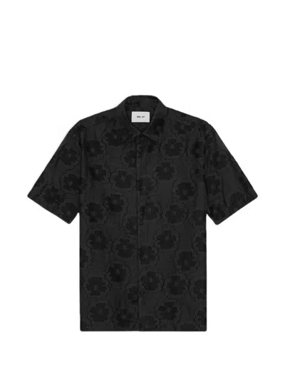 Nn07 Freddy 50045 Embroidered Floral Short Sleeve Cotton Blend Button-up Shirt In Black