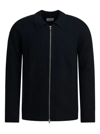 Nn07 Harald Wool Zip Sweater Collared Ribbed In Black