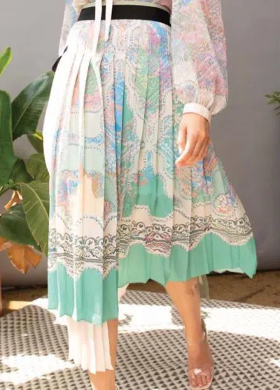 Nna Yasmin Asymmetric Pleated Skirt In Ivory/green/black In Multi
