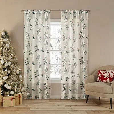 No. 918 Berry Creek Christmas Metallic Sheer Rod Pocket Sheer Set Of 2 Curtain Panel In White