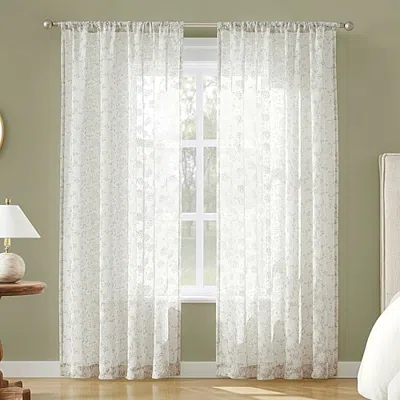 No. 918 Jacqueline Tonal Floral Puff Print Rod Pocket Embellished Semi-sheer Single Curtain Panel In Beige