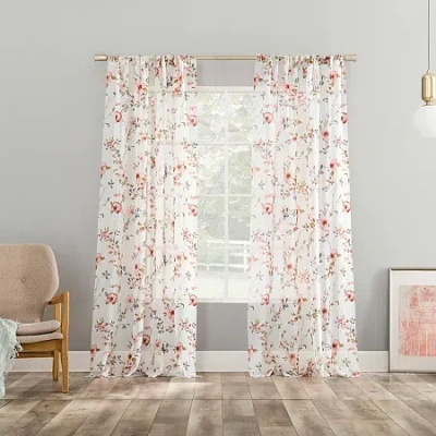 No. 918 Jocelyn Floral Print Crushed Voile Rod Pocket Light-filtering Single Curtain Panel In Pink