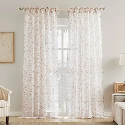No. 918 Lioren Tonal Floral Sheer Tab Top Sheer Set Of 2 Curtain Panel In Orange