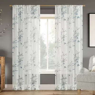 No. 918 Margot Botanical Print Rod Pocket Light-filtering Single Curtain Panel In Blue