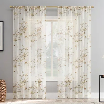 No. 918 Margot Botanical Print Rod Pocket Light-filtering Single Curtain Panel In White