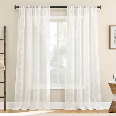 No. 918 Ravenna Medallion Rod Pocket Embroidered Light-filtering Single Curtain Panel In White