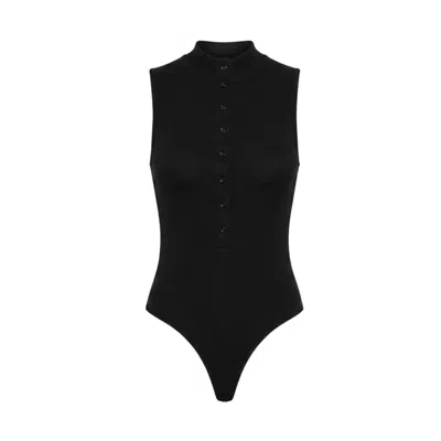 No Comment Women's Lebodi Fauve. Black Sleeveless Bodysuit Buttoned At The Front