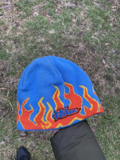 Pre-owned No Fear X Vintage Inferno Fire Flame Beanie Hats Y2k Drill 90's In Blue