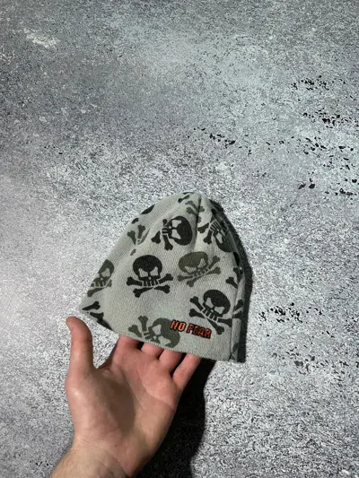 Pre-owned No Fear X Vintage Y2k Skull Beanie Hat All Over Printed No Fear Rap 00's In Grey