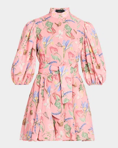 No Pise La Grama Bromelia Linen Mini Shirtdress In Tulipan Coral Print