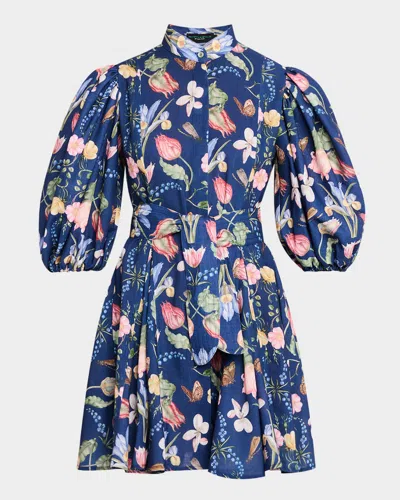 No Pise La Grama Bromelia Linen Mini Shirtdress In Tulipan Navy Print