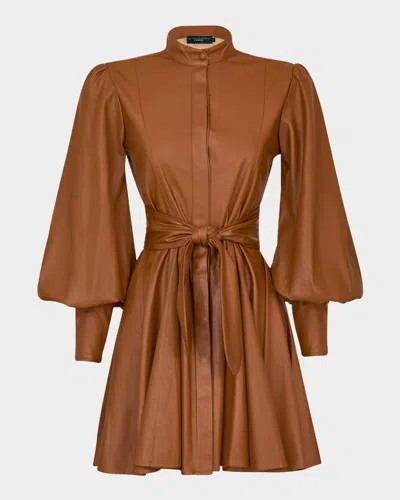 No Pise La Grama Hola Faux Leather Mini Dress In Camel Caramel
