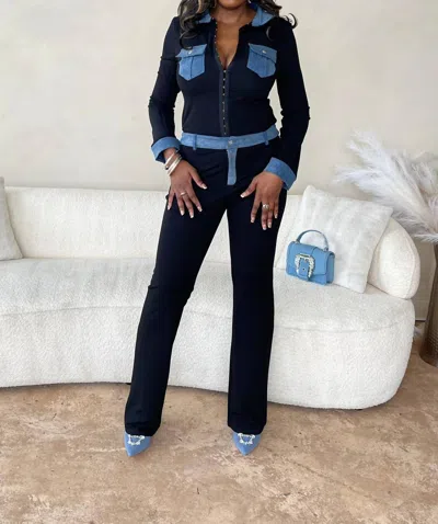 No Vacancy Yours Truly Denim Contrast Pant Set In Black/denim In Blue