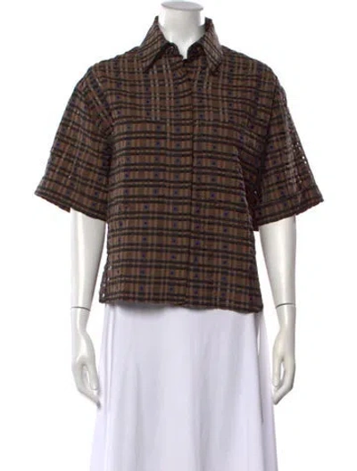 Pre-owned No.6 Plaid Print Short Sleeve Button-up Top In Brown
