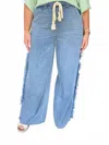 Noaboa Women's Vintage Wash Straight Leg Pants With Fringe Trim In Light Denim In Blue