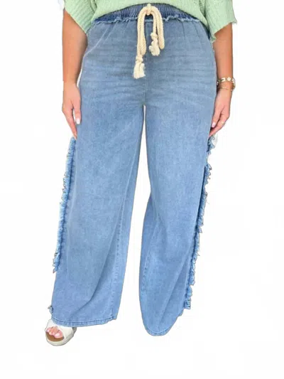 Noaboa Women's Vintage Wash Straight Leg Pants With Fringe Trim In Light Denim In Blue