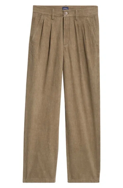 Noah Double Pleat Cotton Pants In Dark Olive