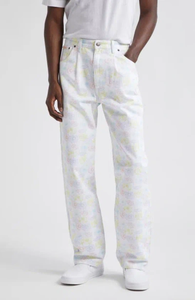 Noah Floral Print Pleated Straight Leg Jeans In Pastel Floral