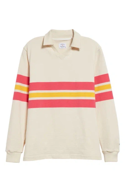 Noah Pitch Practice Stripe Long Sleeve Polo In Ivory/ Rose/ Gold