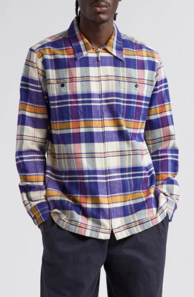 Noah Plaid Cotton Flannel Zip Front Shirt In Natural Multi