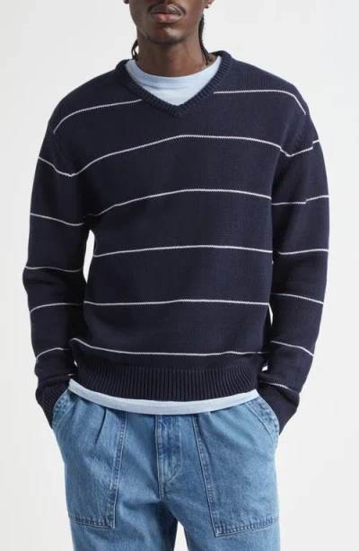 Noah Stripe Organic Cotton V-neck Sweater In Black