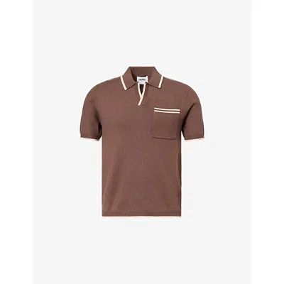 Nobl Mens Brown & Stone Emerson Open-collar Knitted Polo Top