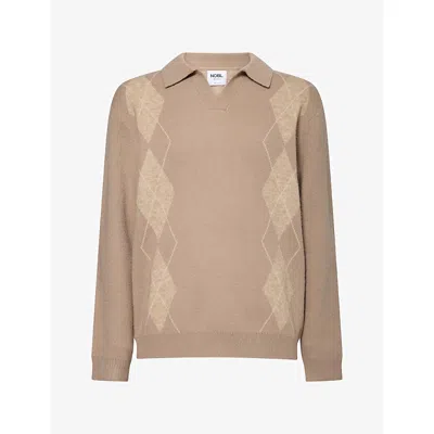 Nobl Mens Ryder Argyle Knit Jumper Beige/brown In Neutral