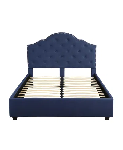 Noble House Cordeaux Contemporary Button-tufted Upholstered Bed Frame, Queen With Nailhead Accents In Navy