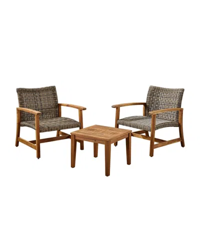 Noble House Hampton Outdoor Wicker Club Chairs And Side Table Set, 3 Piece In Gray