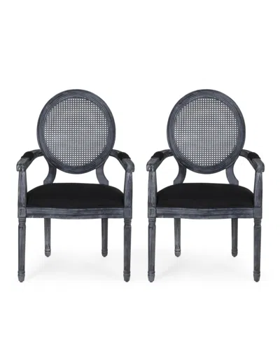 Noble House Judith French Country Wood And Cane Upholstered Dining Chair Set, 2 Piece In Black