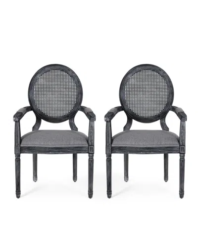 Noble House Judith French Country Wood And Cane Upholstered Dining Chair Set, 2 Piece In Gray