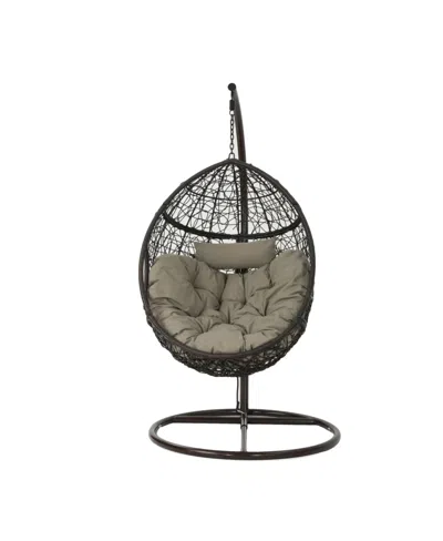 Noble House Kylie Outdoor Hanging Basket Chair With Water Resistant Cushions In Khaki