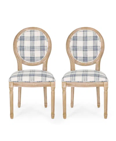 Noble House Phinnaeus French Country Dining Chairs Set, 2 Piece In Dark Blue Plaid And Light Beige