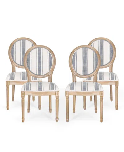 Noble House Phinnaeus French Country Dining Chairs Set, 4 Piece In Dark Blue Stripes And Light Beige