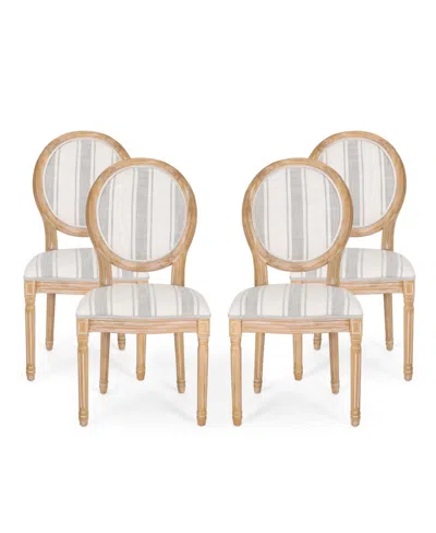 Noble House Phinnaeus French Country Dining Chairs Set, 4 Piece In Gray Stripes And Light Beige