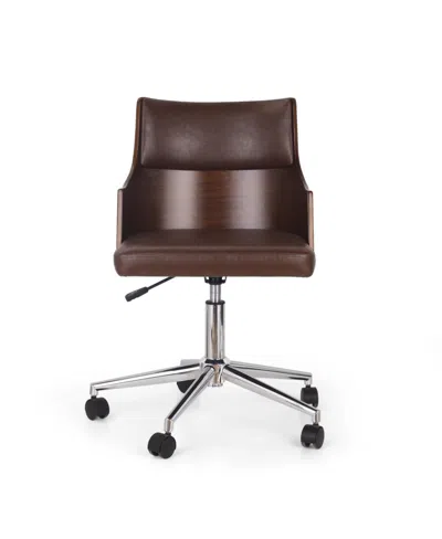 Noble House Rhine Mid-century Modern Upholstered Swivel Office Chair In Dark Brown