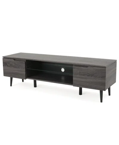 Noble House Rowan Mid-century Modern Tv Stand With Glass Shelf In Gray