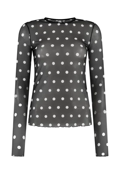 Noblesse Oblige Women's Mesh Large White Polka Dot On Black Mesh Top