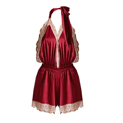 Noblesse Oblige Women's Red Burgundy Lace Trimmed Halter Neck Short Romper