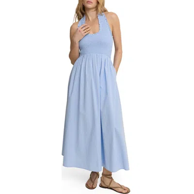Nobody's Child Caterina Linen Blend Halter Neck Shirred Bodice Ruffle Trim Midi Dress In Blue