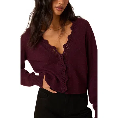 Nobody's Child Crochet Trim Cardigan In Burgundy