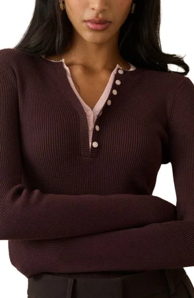 Nobody's Child Double Layer Henley Sweater In Brown