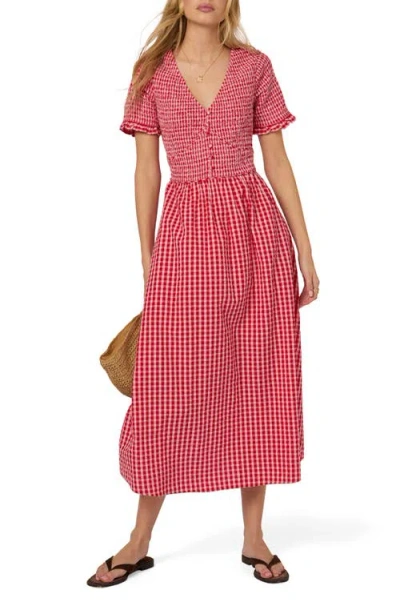 Nobody's Child Eliza Gingham Smocked Bodice Organic Cotton Seersucker Midi Dress In Red