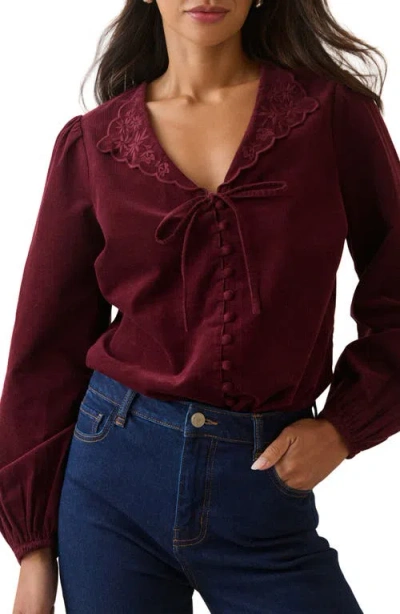 Nobody's Child Isla Embroidered Cord Top In Burgundy
